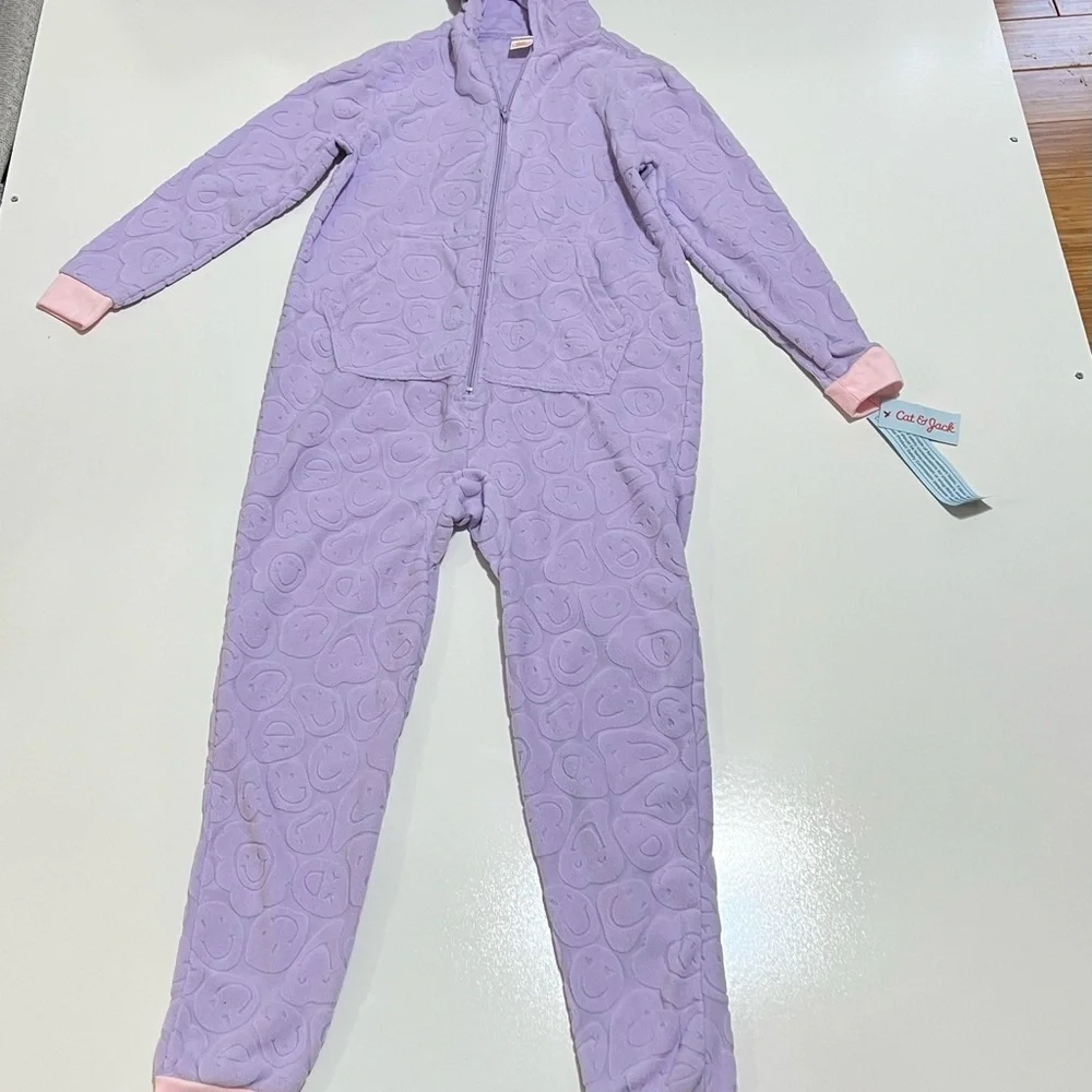 🌸2/$20 NWT Cat & Jack Kid's Hooded One-Piece Pajama- Lavender XL